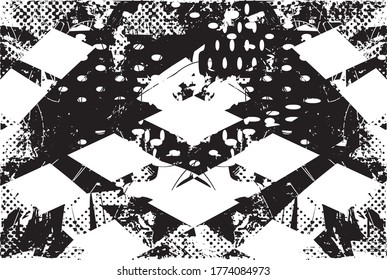 Fondo perturbado en textura en blanco y negro con puntos, puntos, arañazos y líneas. Ilustración del vector abstracto.