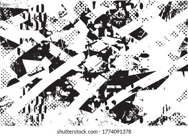 Fondo perturbado en textura en blanco y negro con puntos, puntos, arañazos y líneas. Ilustración del vector abstracto.