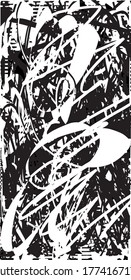 Fondo perturbado en textura en blanco y negro con puntos, puntos, arañazos y líneas. Ilustración del vector abstracto.