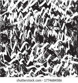 Distressed background in black and white texture with dots, spots, scratches and lines. Abstract vector illustration.