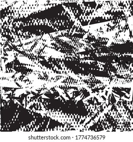 Fondo perturbado en textura en blanco y negro con puntos, puntos, arañazos y líneas. Ilustración del vector abstracto.