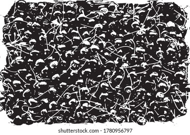 Fondo perturbado en textura en blanco y negro con puntos, puntos, arañazos y líneas. Ilustración del vector abstracto.