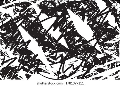 Fondo perturbado en textura en blanco y negro con puntos, puntos, arañazos y líneas. Ilustración del vector abstracto.