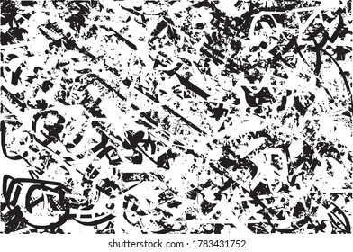 Fondo perturbado en textura en blanco y negro con puntos, puntos, arañazos y líneas. Ilustración del vector abstracto.