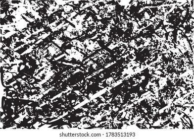Fondo perturbado en textura en blanco y negro con puntos, puntos, arañazos y líneas. Ilustración del vector abstracto.
