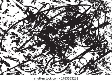 Fondo perturbado en textura en blanco y negro con puntos, puntos, arañazos y líneas. Ilustración del vector abstracto.