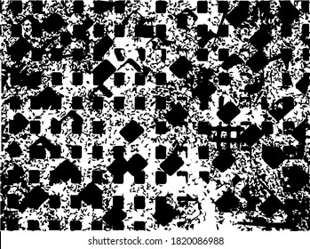 Distressed background in black and white texture with dots, spots, scratches and lines. Abstract vector illustration