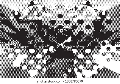 Distressed background in black and white texture with dots, spots, scratches, and lines. Abstract vector illustration.