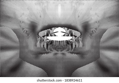 Fondo perturbado en textura en blanco y negro con puntos, puntos, arañazos y líneas. Ilustración del vector abstracto