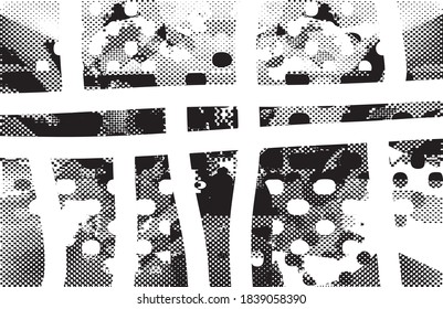 Distressed background in black and white texture with dots, spots, scratches, and lines. Abstract  vector illustration