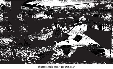 Fondo perturbado en textura en blanco y negro con puntos, puntos, arañazos y líneas. Ilustración del vector abstracto.