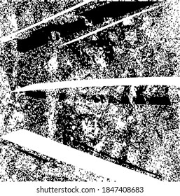 Fondo perturbado en negro y textura blanca con puntos, puntos, arañazos y líneas. Ilustración del vector abstracto.
