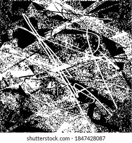 Unterdrückter Hintergrund in schwarz-weißer Textur mit Punkten, Flecken, Kratzern und Linien. Abstrakte Vektorgrafik.