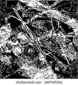 Distressed background in black, and white texture with dots, spots, scratches, and lines. Abstract vector illustration.