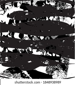 Distressed background in black, and white texture with dots, spots, scratches, and lines. Abstract vector illustration.