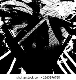 Distressed background in black and white texture with dots, spots, scratches and lines. Abstract vector illustration.