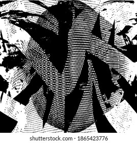 Fondo perturbado en textura en blanco y negro con puntos, puntos, arañazos y líneas. Ilustración del vector abstracto.