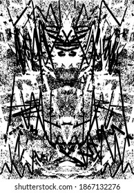 Fondo perturbado en textura en blanco y negro con puntos, puntos, arañazos y líneas. Ilustración del vector abstracto.