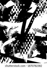 Distressed background in black and white texture with dots, spots, scratches, and lines. Abstract vector illustration.