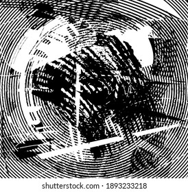 Distressed background in black and white texture with dots, spots, scratches, and lines. Abstract vector illustration.
