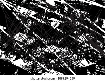 Distressed background in black and white texture with dots, spots, scratches, and lines. Abstract vector illustration.