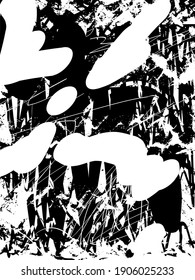 Fondo perturbado en textura en blanco y negro con puntos, puntos, arañazos y líneas. Ilustración del vector abstracto.