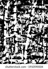 Fondo perturbado en textura en blanco y negro con puntos, puntos, arañazos y líneas. Ilustración del vector abstracto.