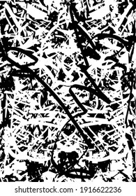 Fondo perturbado en textura en blanco y negro con puntos, puntos, arañazos y líneas. Ilustración del vector abstracto.