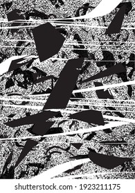 Unterdrückter Hintergrund in schwarz-weißer Textur mit Punkten, Flecken, Kratzern und Linien. Abstrakte Vektorgrafik.