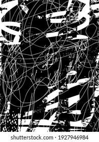 Distressed background in black and white texture with dots, spots, scratches, and lines. Abstract vector illustration.
