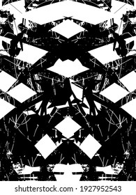 Distressed background in black and white texture with dots, spots, scratches, and lines. Abstract vector illustration.