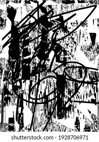 Distressed background in black and white texture with dots, spots, scratches, and lines. Abstract vector illustration.