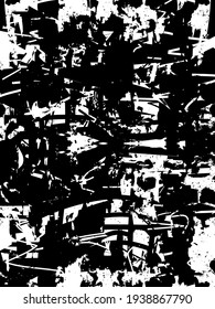 Distressed background in black and white texture with dots, spots, scratches, and lines. Abstract illustration.