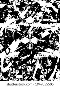 Distressed background in black and white texture with dots, spots, scratches, and lines. Abstract vector illustration.