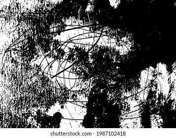 Fondo perturbado en textura en blanco y negro con puntos, puntos, arañazos y líneas. Ilustración del vector abstracto.