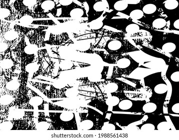 Fondo perturbado en textura en blanco y negro con puntos, puntos, arañazos y líneas. Ilustración del vector abstracto.