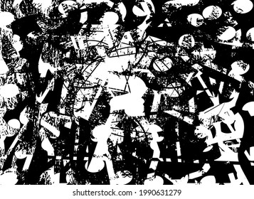 Distressed background in black and white texture with dots, spots, scratches, and lines. Abstract vector illustration.
