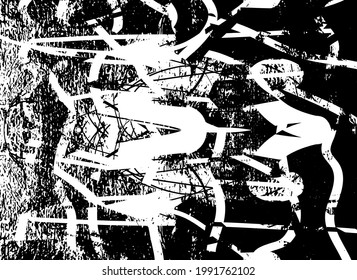 Fondo perturbado en textura en blanco y negro con puntos, puntos, arañazos y líneas. Ilustración del vector abstracto.