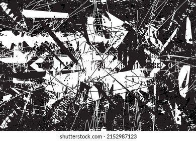 Fondo perturbado en textura en blanco y negro con puntos, puntos, arañazos y líneas. Ilustración del vector abstracto.