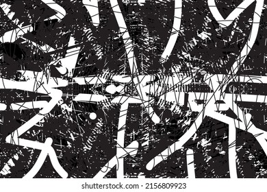 Fondo perturbado en textura en blanco y negro con puntos, puntos, arañazos y líneas. Ilustración del vector abstracto.
