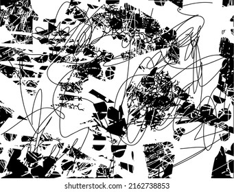 Distressed background in black and white texture with dots, spots, scratches, and lines. Abstract vector illustration.