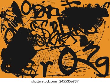 Distressed background in black and white texture with dark spots, scratches and lines. Abstract illustration, Vector graffiti seamless pattern with abstract tags, letters without meaning. Fashion art