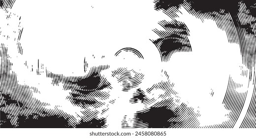 Fondo angustiado en textura en blanco y negro con puntos, manchas, arañazos y líneas. Ilustración vectorial Abstractas
