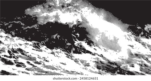 Distressed background in black and white texture from photo of misty lake with dots, spots, scratches and lines. Abstract vector illustration