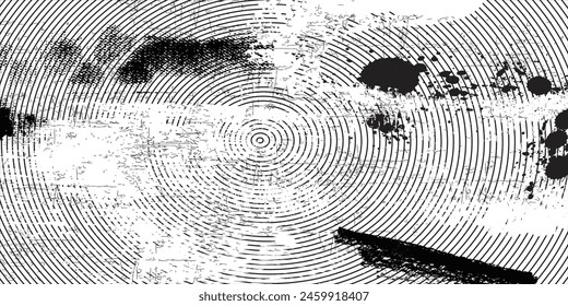 Distressed background in black and white texture with circles, spots, scratches, and lines. Abstract vector illustration.