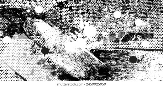 Distressed background in black and white texture with circles, spots, scratches, and lines. Abstract vector illustration.