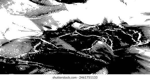 Distressed background in black and white texture with dark spots, scratches and lines. Abstract illustration.
