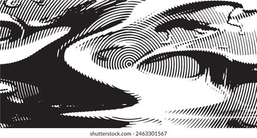 Distressed background in black and white texture with circles, spots, scratches, and lines. Abstract vector illustration.