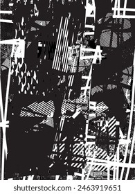 Fondo angustiado en textura en blanco y negro con círculos, manchas, arañazos y líneas. Abstractas Ilustración vectorial.