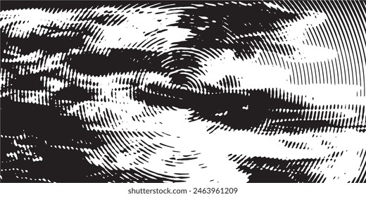 Fondo angustiado en textura en blanco y negro con Formas circulares, manchas oscuras, arañazos y líneas. Ilustración vectorial Abstractas